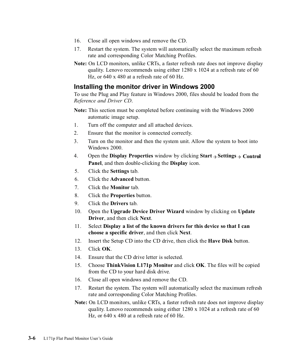 Installing the monitor driver in windows 2000 | Lenovo THINKVISION 9227-HB2 User Manual | Page 26 / 35