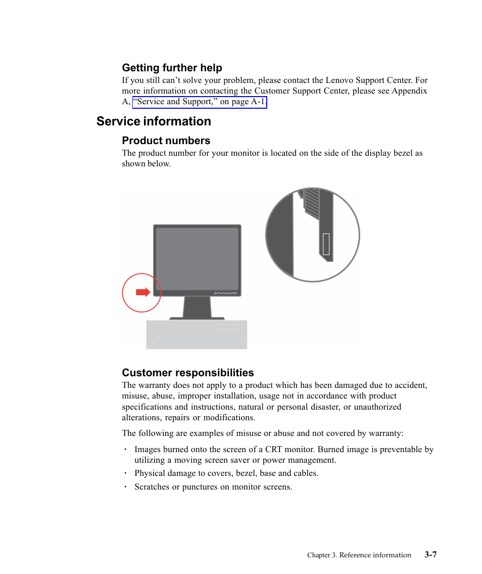 Getting further help, Service information, Product numbers | Customer responsibilities | Lenovo THINKVISION 9227-HB2 User Manual | Page 27 / 35