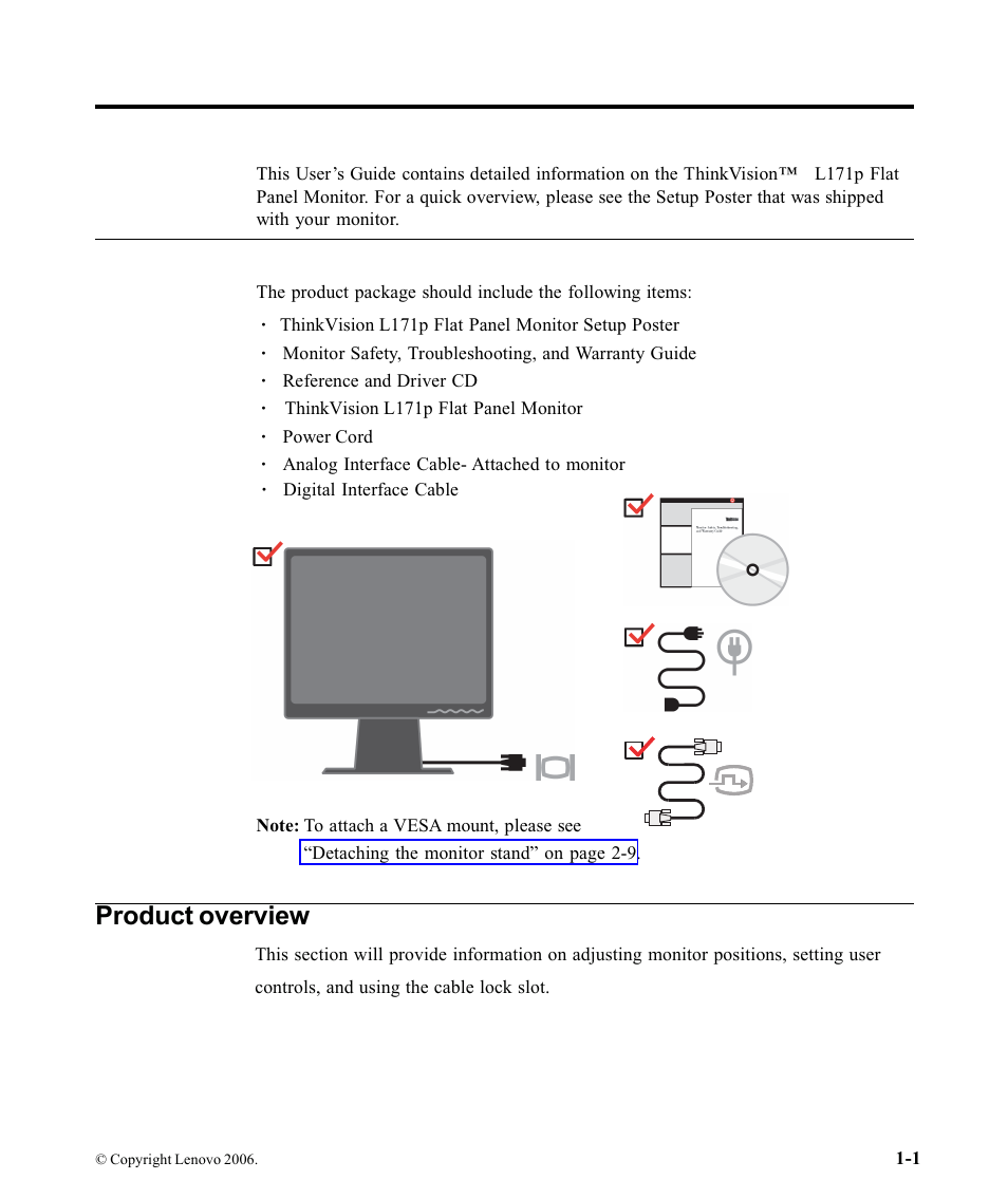 Chapter 1. getting started, Shipping contents, Product overview | Lenovo THINKVISION 9227-HB2 User Manual | Page 5 / 35