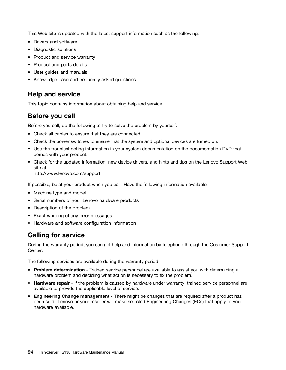 Help and service, Before you call, Calling for service | Lenovo TS130 User Manual | Page 106 / 122