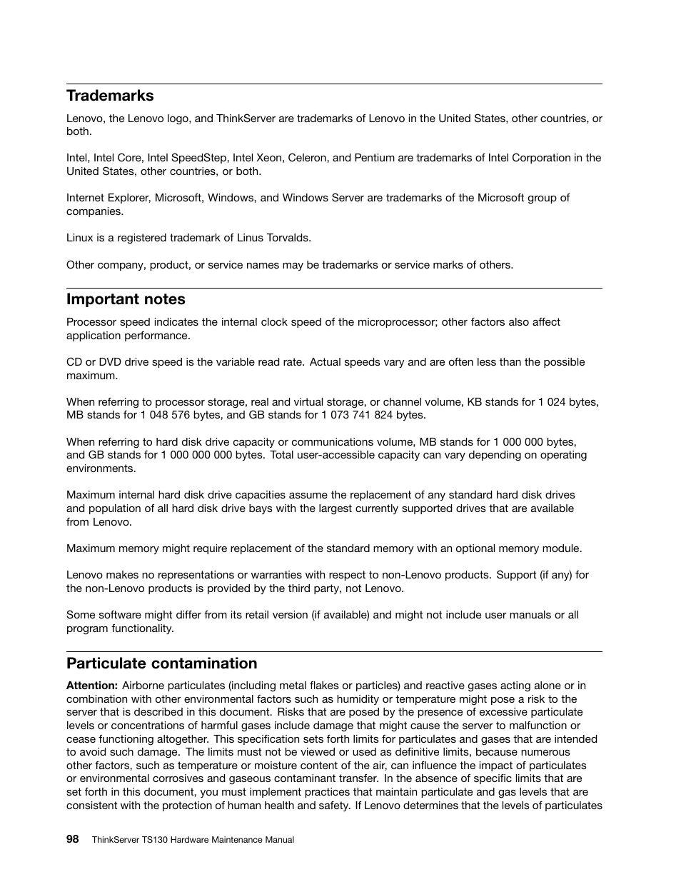 Trademarks, Important notes, Particulate contamination | Lenovo TS130 User Manual | Page 110 / 122