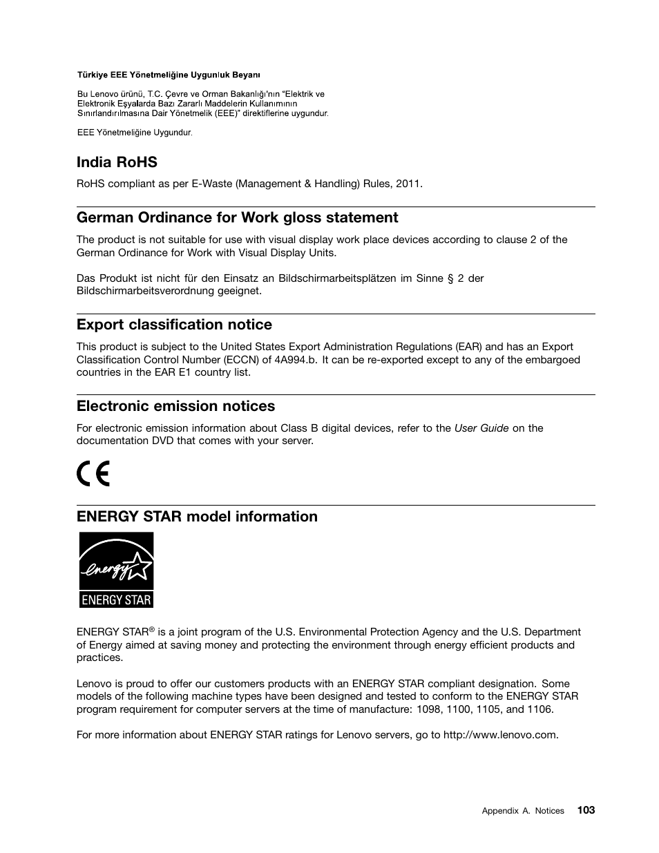 India rohs, German ordinance for work gloss statement, Export classification notice | Electronic emission notices, Energy star model information | Lenovo TS130 User Manual | Page 115 / 122