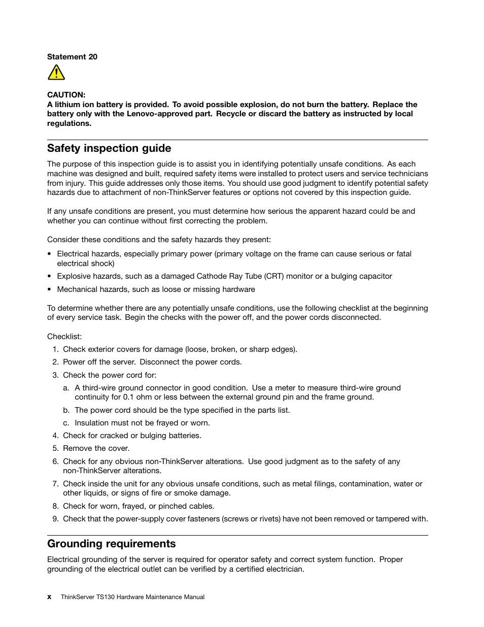 Safety inspection guide, Grounding requirements | Lenovo TS130 User Manual | Page 12 / 122