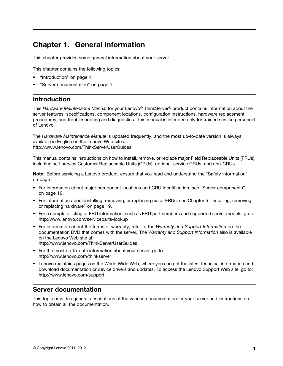 Chapter 1. general information, Introduction, Server documentation | Lenovo TS130 User Manual | Page 13 / 122