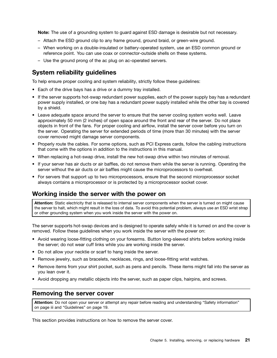 System reliability guidelines, Working inside the server with the power on, Removing the server cover | Lenovo TS130 User Manual | Page 33 / 122