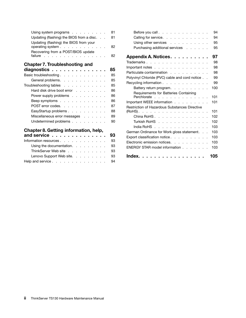 Chapter 7. troubleshooting and diagnostics, Chapter 8. getting information, help, and service, Appendix a. notices | Index | Lenovo TS130 User Manual | Page 4 / 122