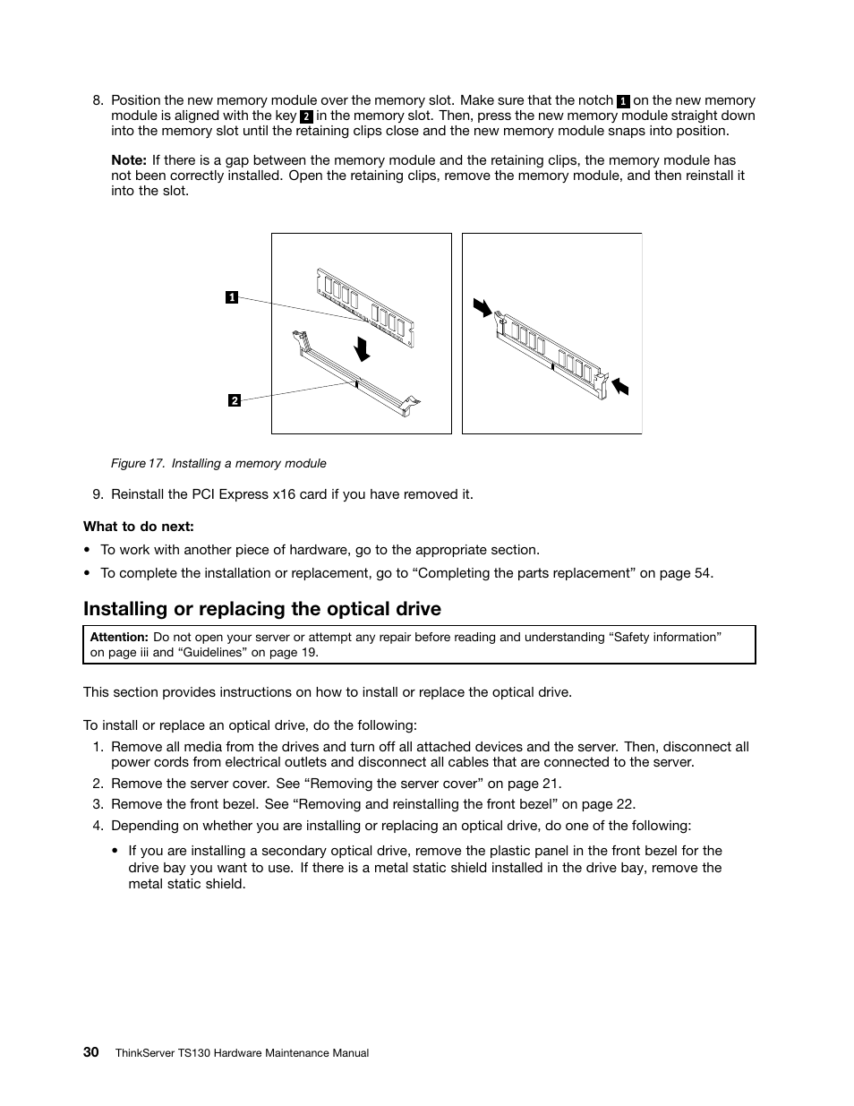 Installing or replacing the optical drive | Lenovo TS130 User Manual | Page 42 / 122