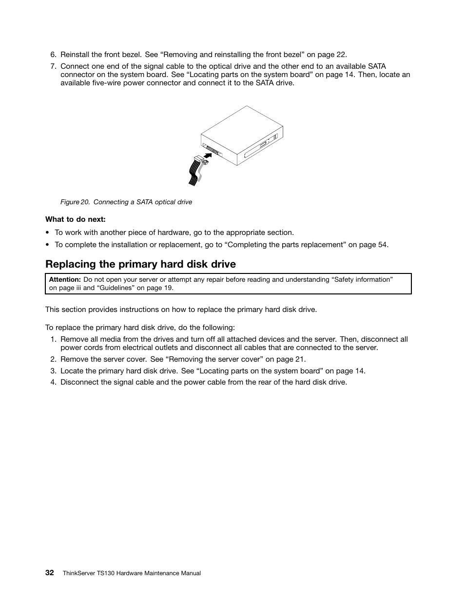 Replacing the primary hard disk drive | Lenovo TS130 User Manual | Page 44 / 122