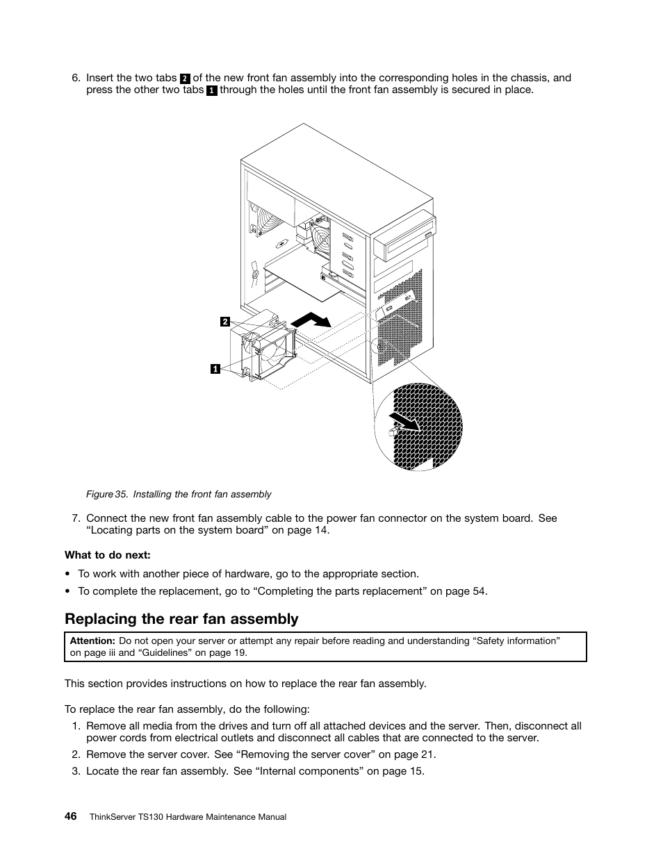 Replacing the rear fan assembly | Lenovo TS130 User Manual | Page 58 / 122