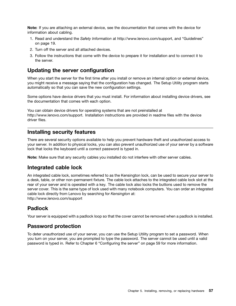 Updating the server configuration, Installing security features, Integrated cable lock | Padlock, Password protection | Lenovo TS130 User Manual | Page 69 / 122