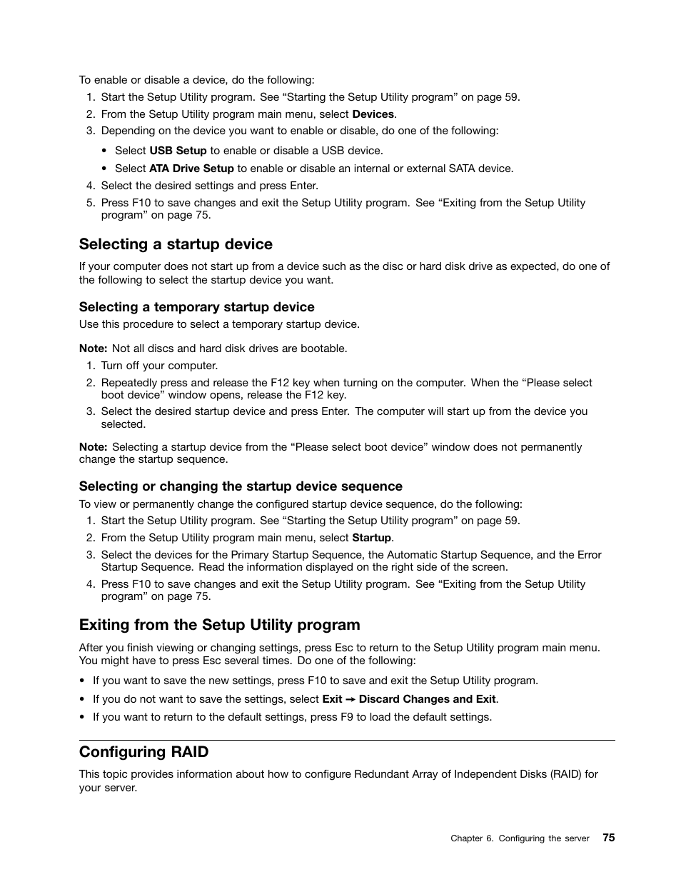 Selecting a startup device, Exiting from the setup utility program, Configuring raid | Lenovo TS130 User Manual | Page 87 / 122