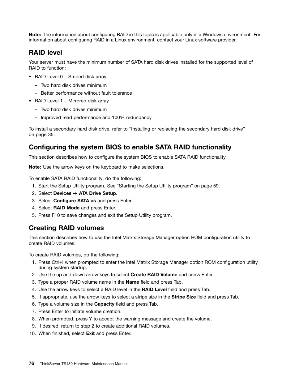 Raid level, Creating raid volumes | Lenovo TS130 User Manual | Page 88 / 122