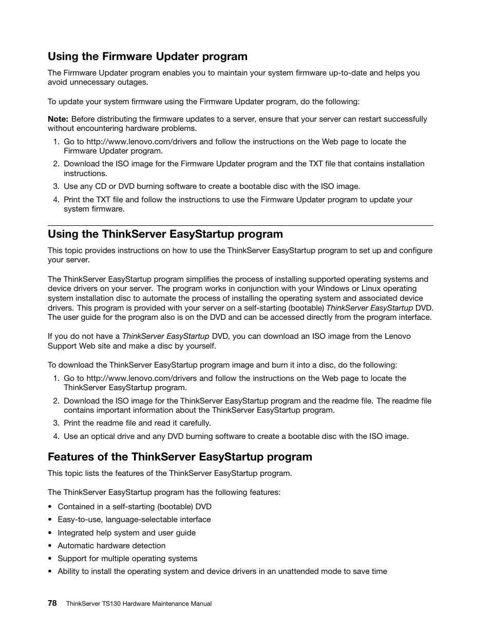 Using the firmware updater program, Using the thinkserver easystartup program, Features of the thinkserver easystartup program | Lenovo TS130 User Manual | Page 90 / 122