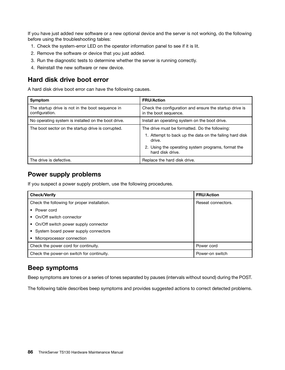 Hard disk drive boot error, Power supply problems, Beep symptoms | Lenovo TS130 User Manual | Page 98 / 122