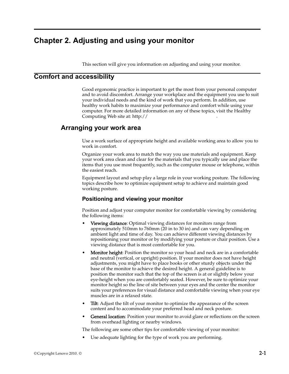 Chapter 2. adjusting and using your monitor, Comfort and accessibility, Arranging your work area | Positioning and viewing your monitor, Chapter 2. adjusting and using your monitor -1, Comfort and accessibility -1, Arranging your work area -1, Positioning and viewing your monitor -1 | Lenovo L2230x User Manual | Page 10 / 37