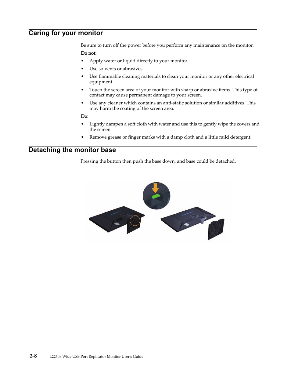 Caring for your monitor, Detaching the monitor stand, Caring for your monitor -8 | Detaching the monitor stand -8, Detaching the monitor base | Lenovo L2230x User Manual | Page 17 / 37