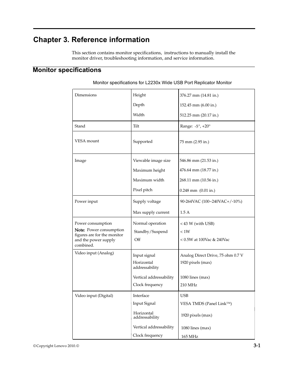Chapter 3. reference information, Monitor specifications, Chapter 3. reference information -1 | Monitor specifications -1 | Lenovo L2230x User Manual | Page 18 / 37