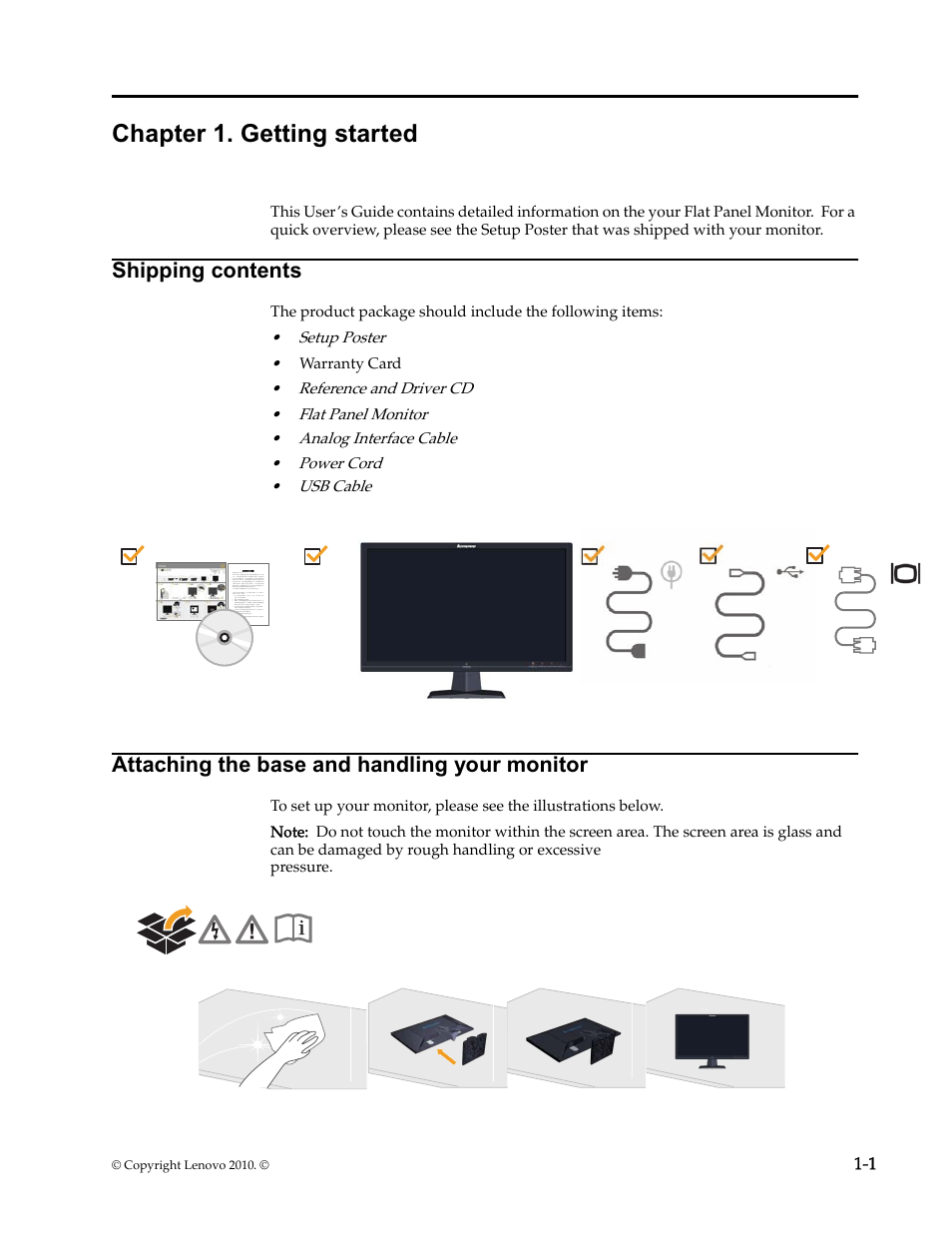 Chapter 1. getting started, Shipping contents, Attaching the base and handling your monitor | Chapter1. getting started -1, Shipping contents -1, Attaching the base and handling your monitor -1 | Lenovo L2230x User Manual | Page 5 / 37