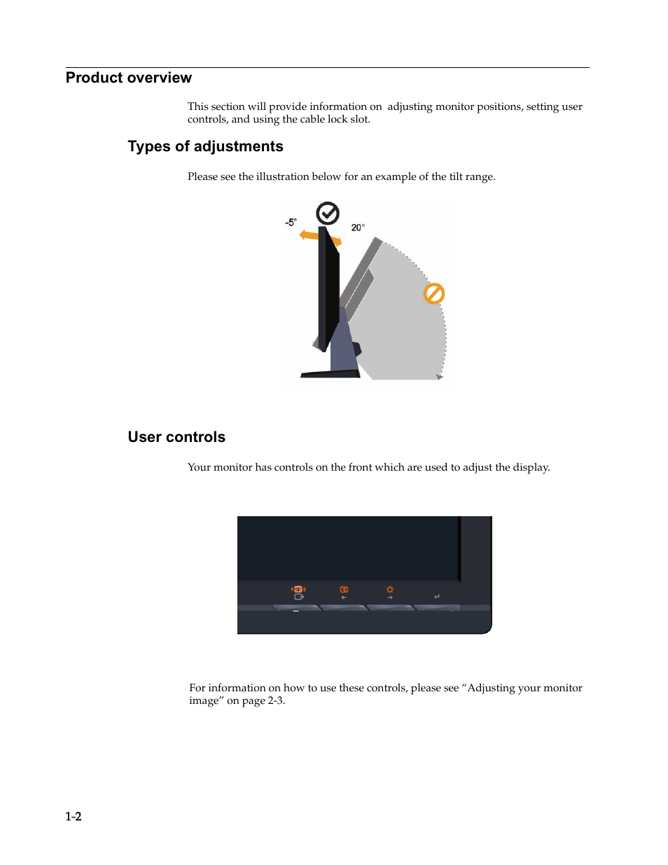 Product overview, Types of adjustments, User controls | Types of adjustments -2 | Lenovo L2230x User Manual | Page 6 / 37