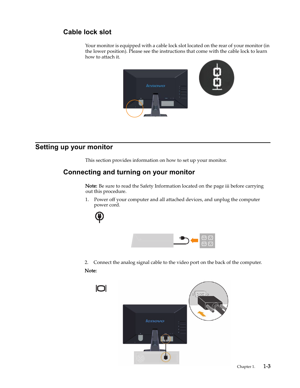 Cable lock slot, Setting up your monitor, Connecting and turning on your monitor | Lenovo L2230x User Manual | Page 7 / 37