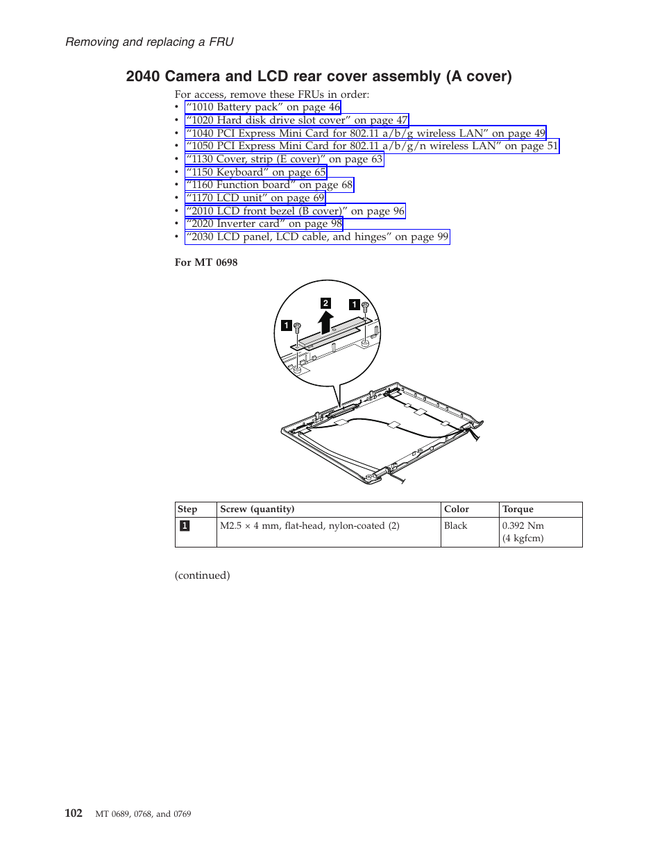 2040 camera and lcd rear cover assembly (a cover), Camera, Rear | Cover, Assembly, Cover) | Lenovo 3000 N200 User Manual | Page 108 / 165