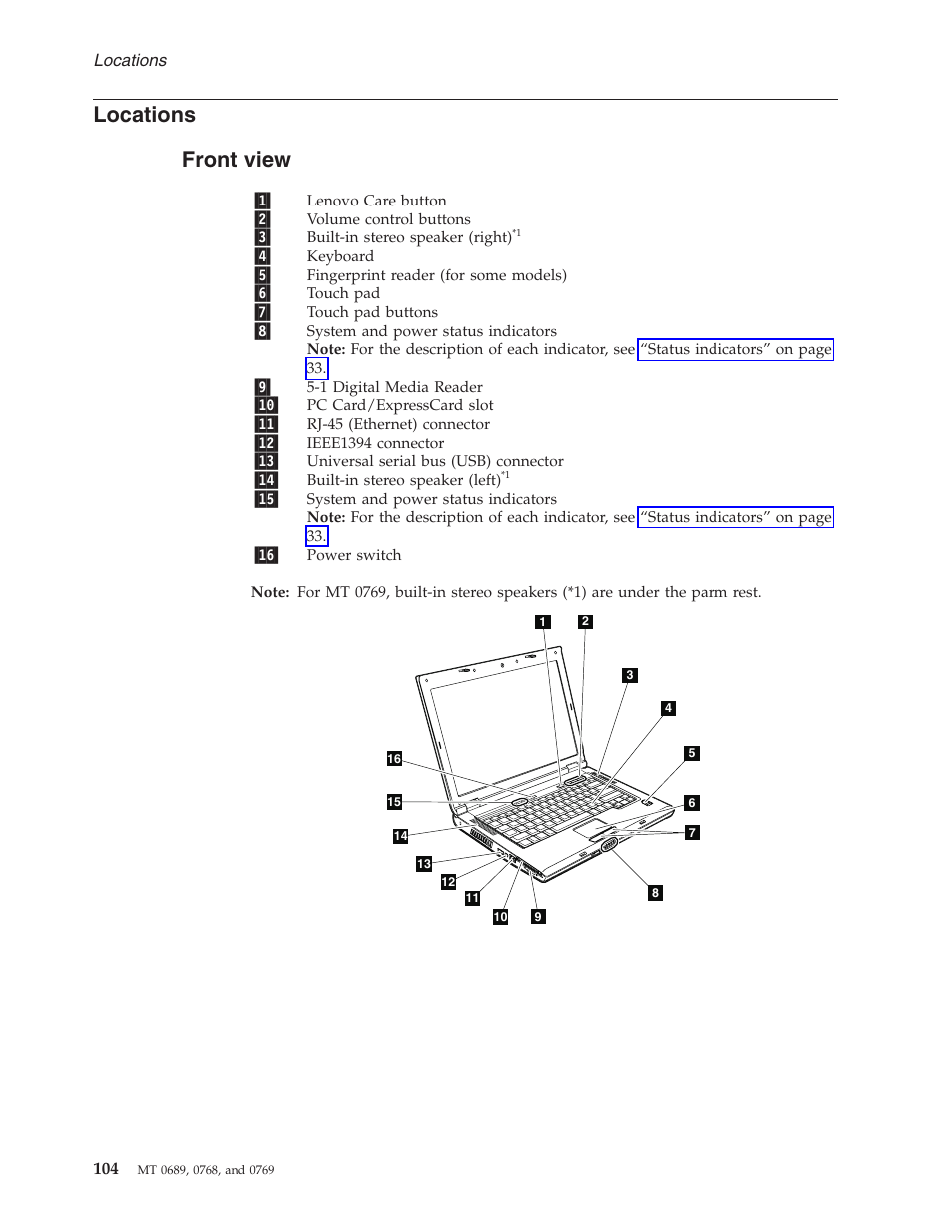 Locations, Front view, Front | View | Lenovo 3000 N200 User Manual | Page 110 / 165