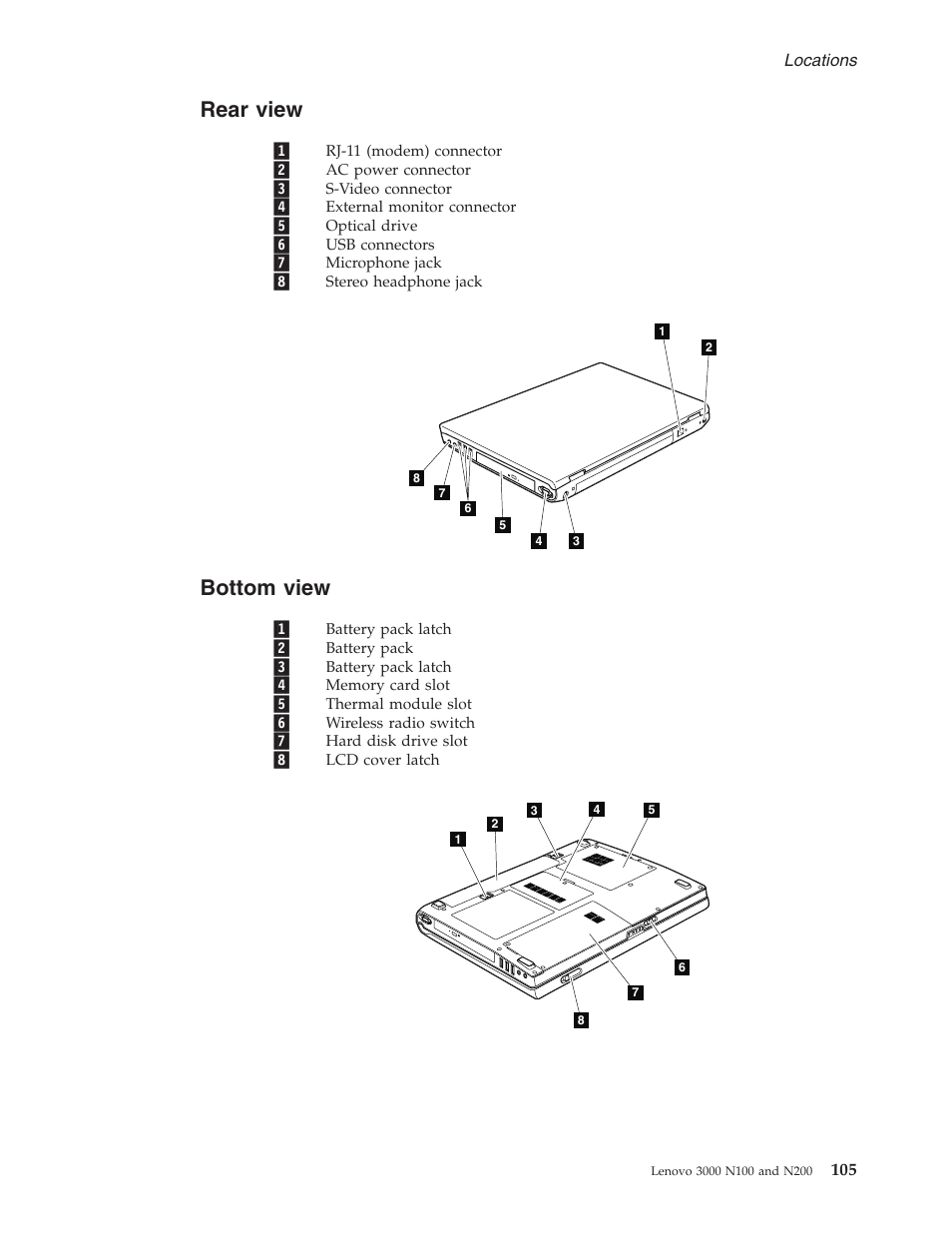 Rear view, Bottom view, Rear | View, Bottom | Lenovo 3000 N200 User Manual | Page 111 / 165