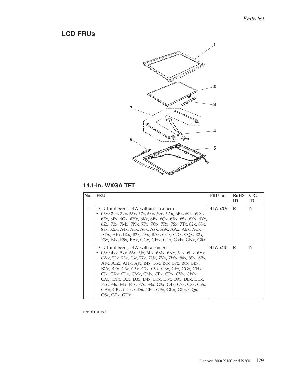 Lcd frus, In. wxga tft, Frus | Wxga | Lenovo 3000 N200 User Manual | Page 135 / 165