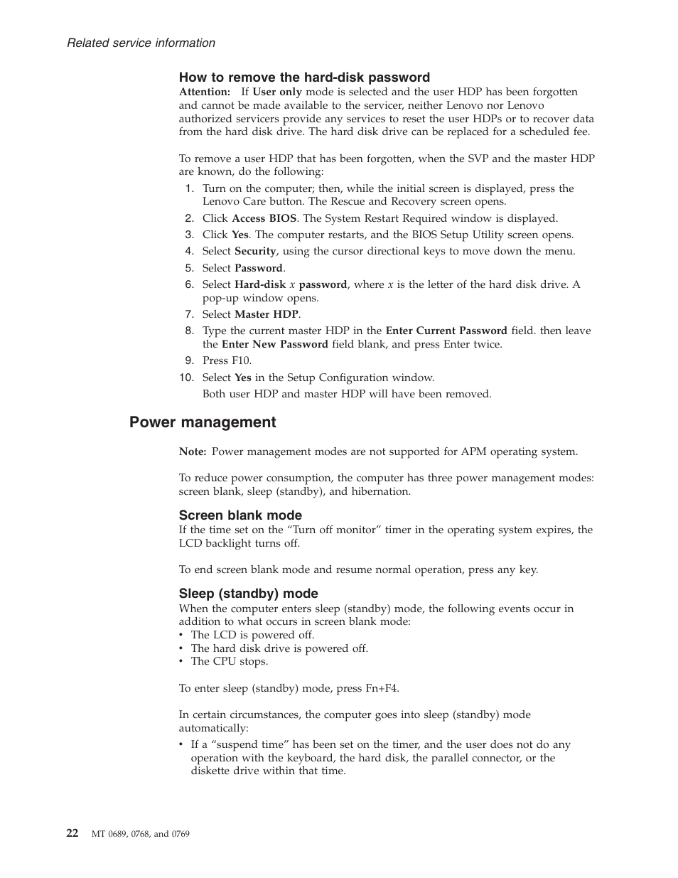 How to remove the hard-disk password, Power management, Screen blank mode | Sleep (standby) mode, Power, Management | Lenovo 3000 N200 User Manual | Page 28 / 165