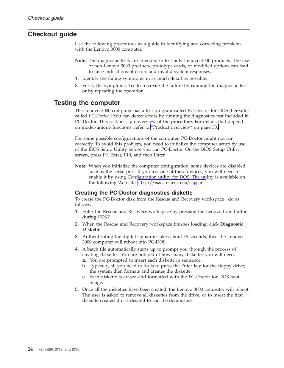 Checkout guide, Testing the computer, Creating the pc-doctor diagnostics diskette | Checkout, Guide, Testing, Computer, Creating, Pc-doctor, Diagnostics | Lenovo 3000 N200 User Manual | Page 30 / 165