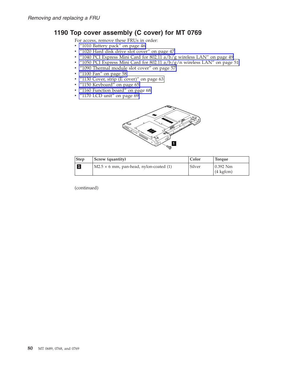 1190 top cover assembly (c cover) for mt 0769, Cover, Assembly | Cover) | Lenovo 3000 N200 User Manual | Page 86 / 165