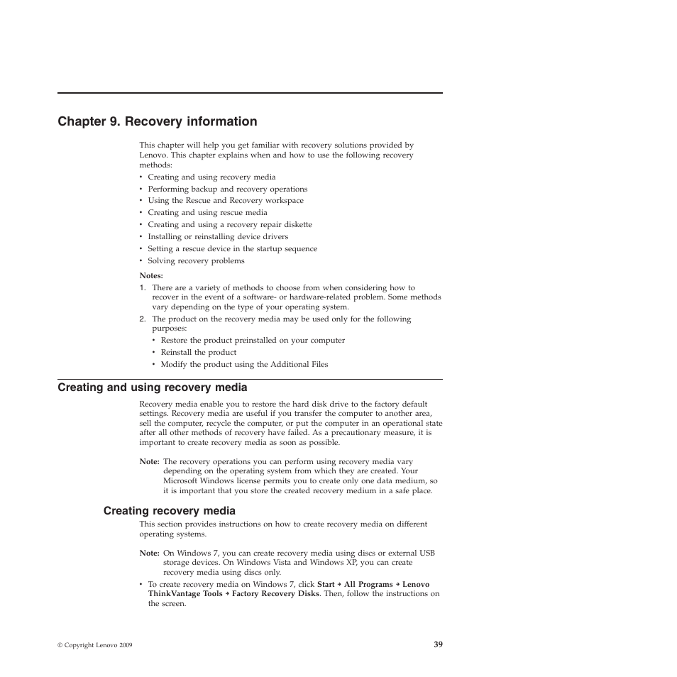 Chapter 9. recovery information, Creating and using recovery media, Creating recovery media | Lenovo 4155 User Manual | Page 47 / 76