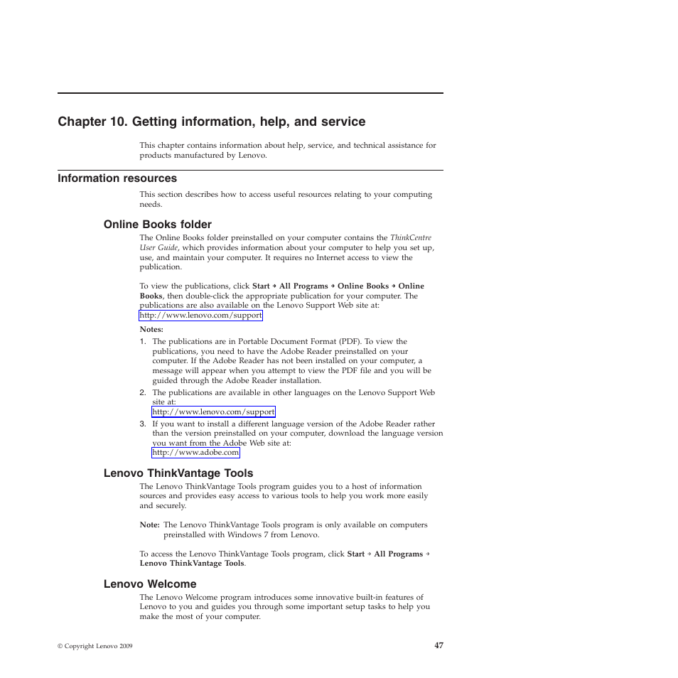 Chapter 10. getting information, help, and service, Information resources, Online books folder | Lenovo thinkvantage tools, Lenovo welcome | Lenovo 4155 User Manual | Page 55 / 76