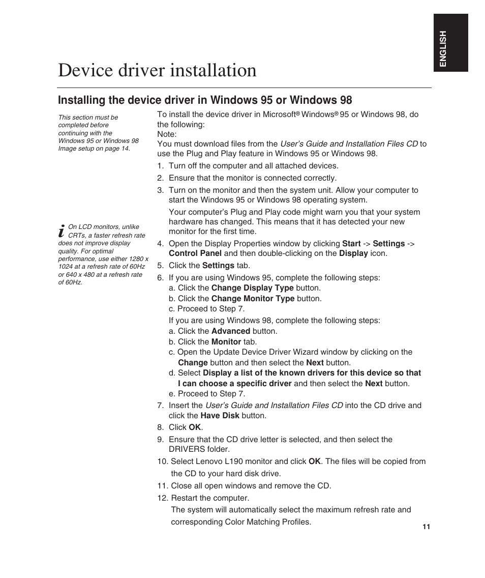 Device driver installation | Lenovo ThinkVision L190 User Manual | Page 13 / 32