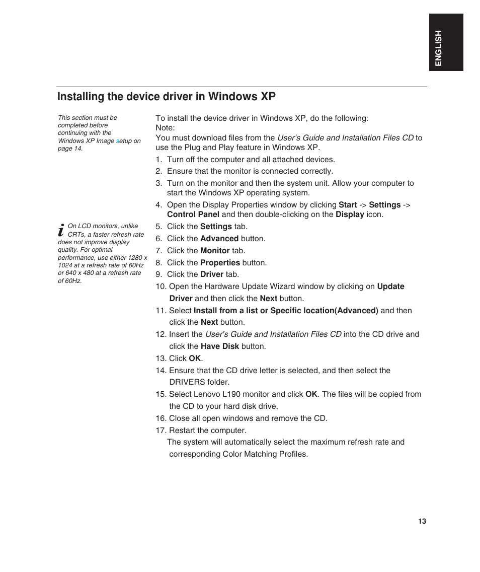 Installing the device driver in windows xp | Lenovo ThinkVision L190 User Manual | Page 15 / 32