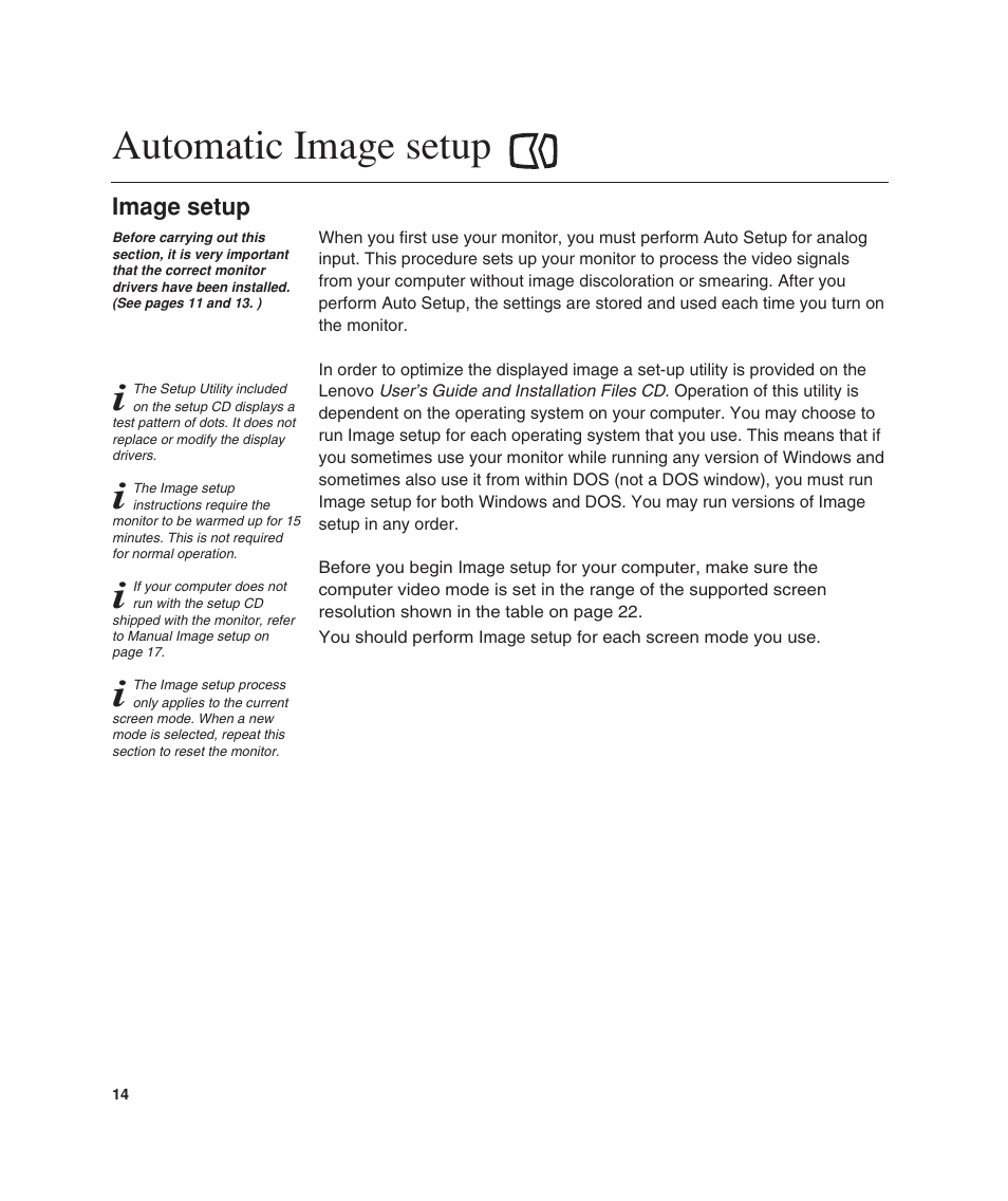 Automatic image setup, Image setup | Lenovo ThinkVision L190 User Manual | Page 16 / 32