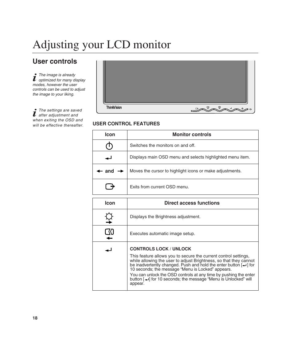 Adjusting your lcd monitor, User controls | Lenovo ThinkVision L190 User Manual | Page 20 / 32