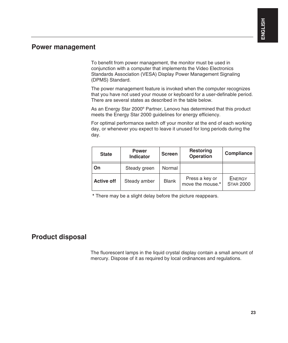 Power management, Product disposal | Lenovo ThinkVision L190 User Manual | Page 25 / 32