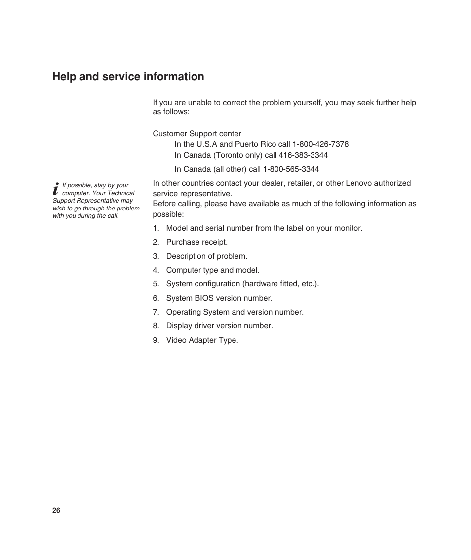 Help and service information | Lenovo ThinkVision L190 User Manual | Page 28 / 32