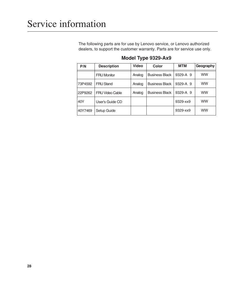 Service information | Lenovo ThinkVision L190 User Manual | Page 30 / 32