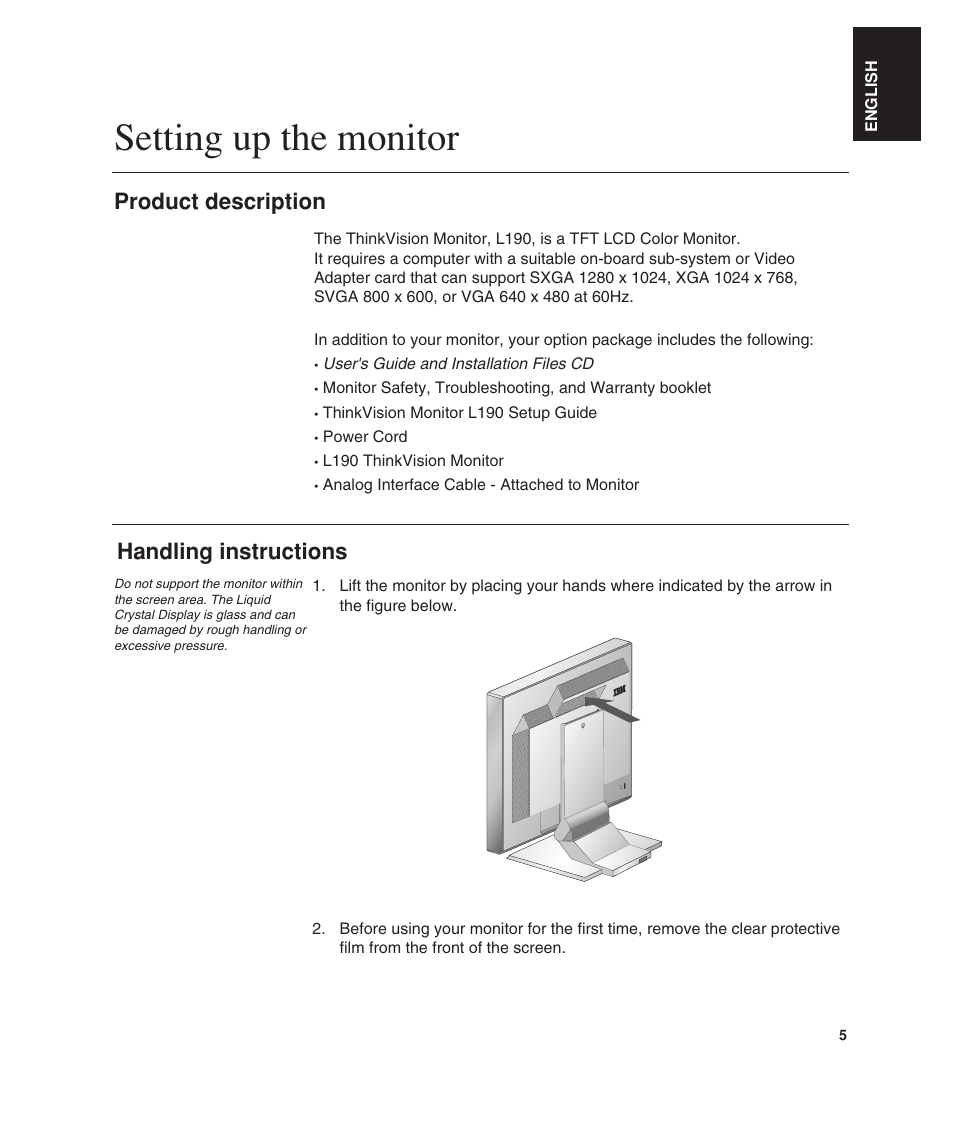 Setting up the monitor, Product description, Handling instructions | Lenovo ThinkVision L190 User Manual | Page 7 / 32