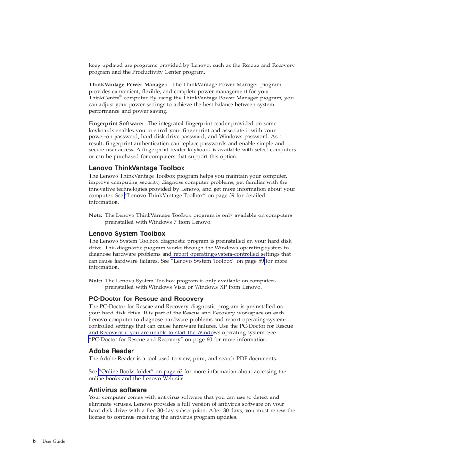 Lenovo thinkvantage toolbox, Lenovo system toolbox, Pc-doctor for rescue and recovery | Adobe reader, Antivirus software | Lenovo 3379 User Manual | Page 14 / 84