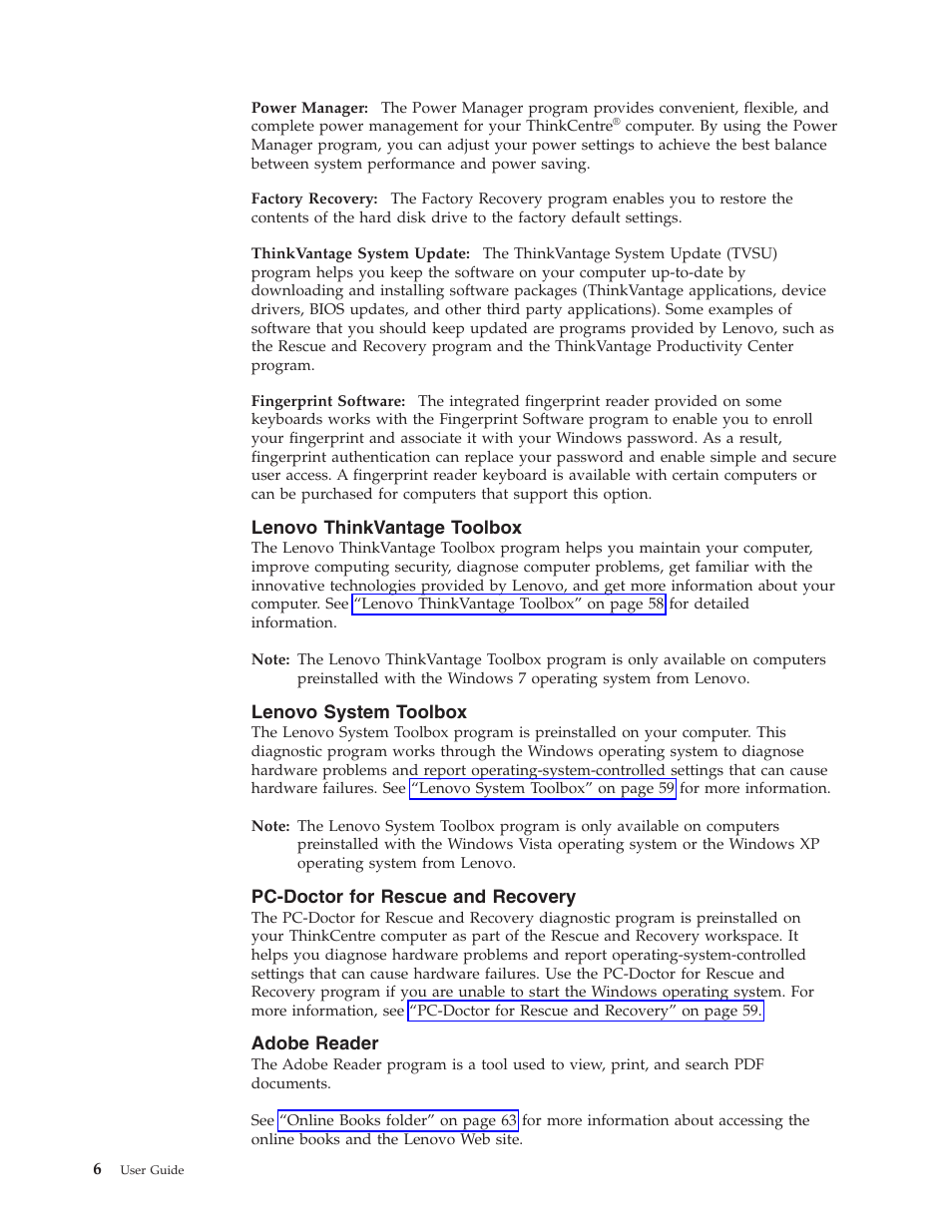 Lenovo thinkvantage toolbox, Lenovo system toolbox, Pc-doctor for rescue and recovery | Adobe reader | Lenovo 3658 User Manual | Page 14 / 82