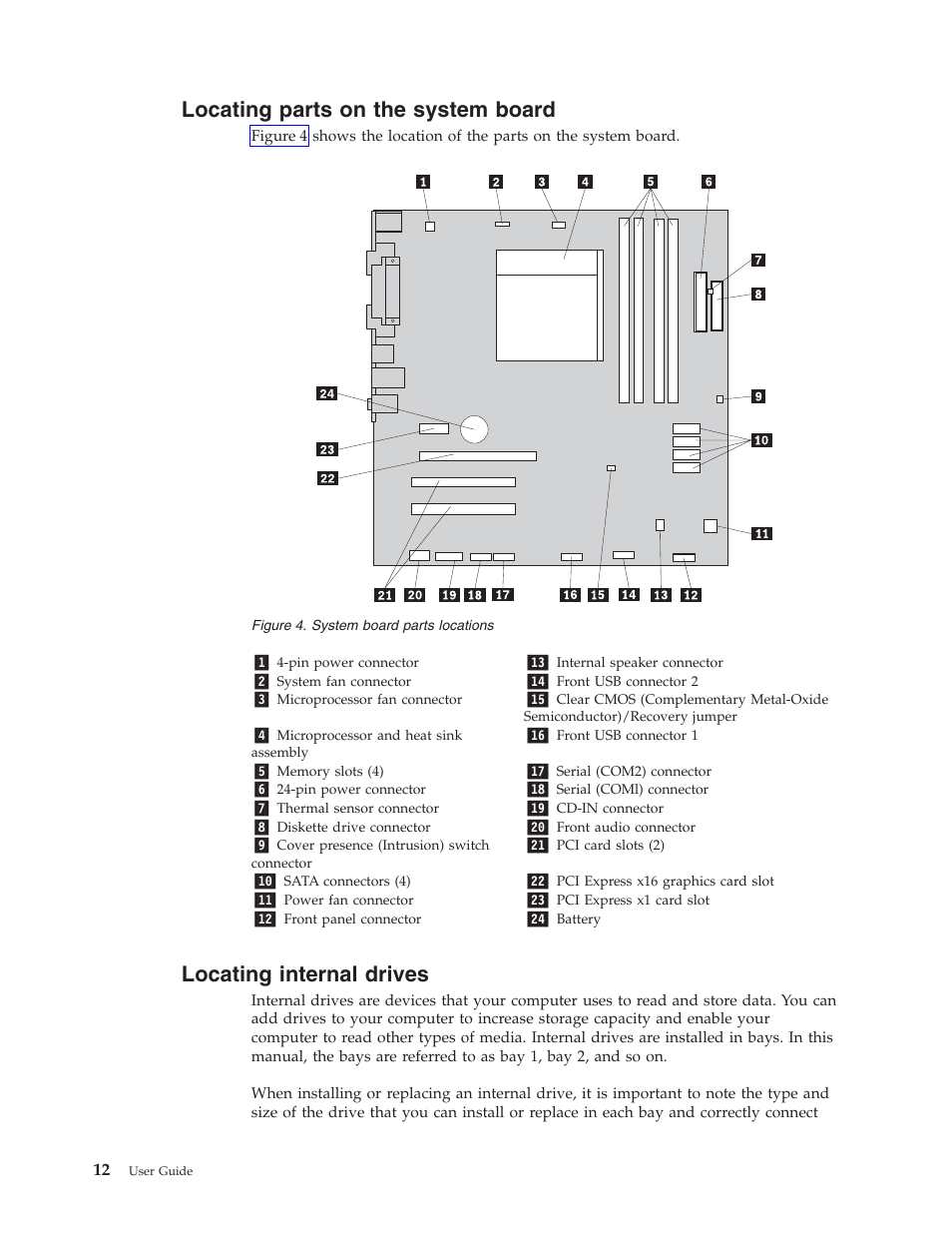 Locating parts on the system board, Locating internal drives | Lenovo 3658 User Manual | Page 20 / 82