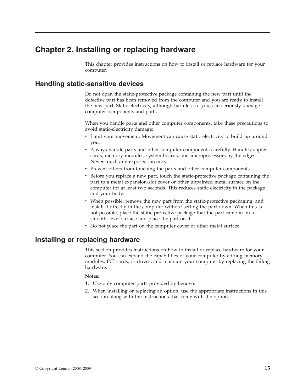 Chapter 2. installing or replacing hardware, Handling static-sensitive devices, Installing or replacing hardware | Lenovo 3658 User Manual | Page 23 / 82