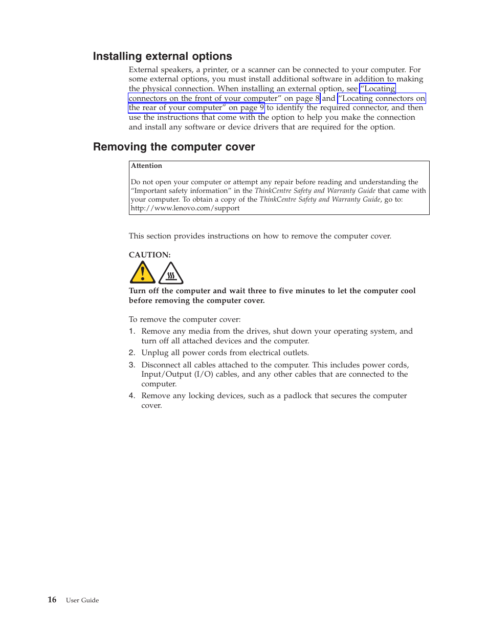 Installing external options, Removing the computer cover | Lenovo 3658 User Manual | Page 24 / 82