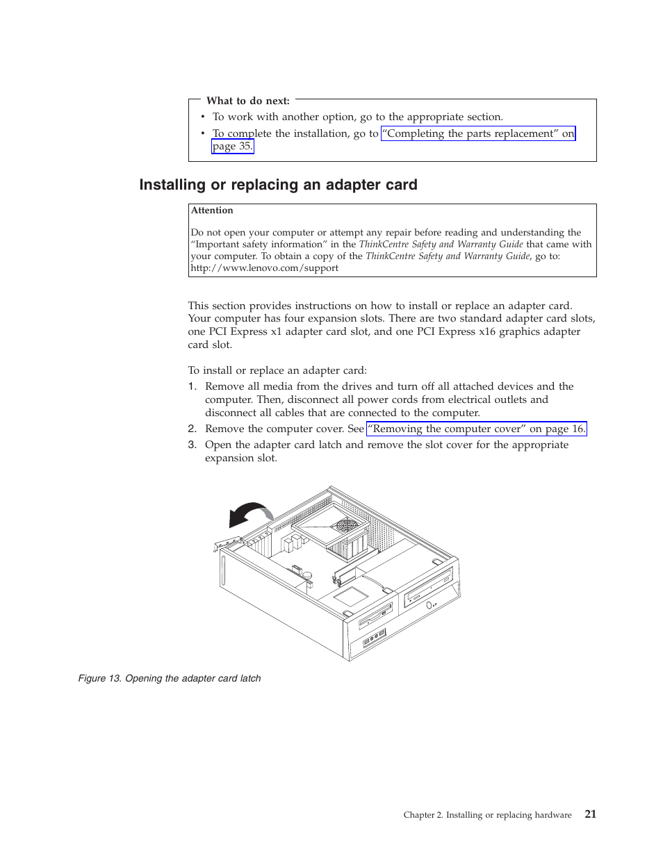 Installing or replacing an adapter card | Lenovo 3658 User Manual | Page 29 / 82
