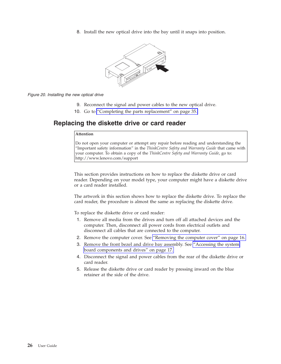 Replacing the diskette drive or card reader | Lenovo 3658 User Manual | Page 34 / 82