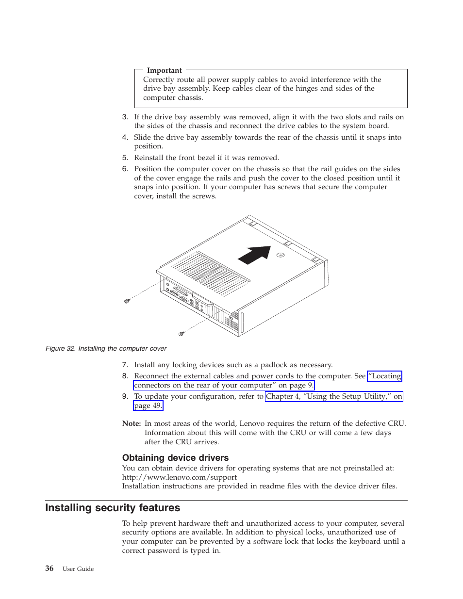 Obtaining device drivers, Installing security features | Lenovo 3658 User Manual | Page 44 / 82
