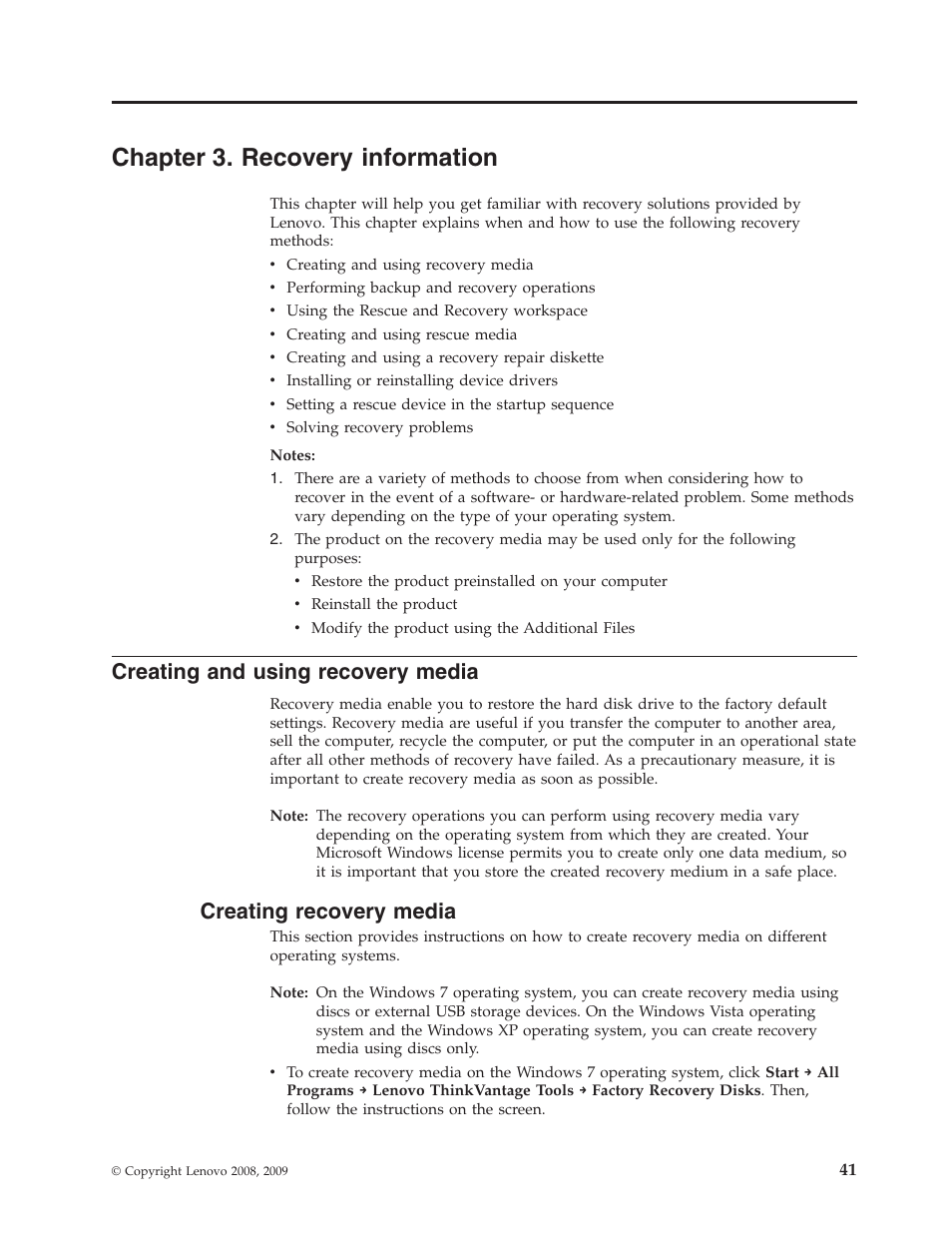 Chapter 3. recovery information, Creating and using recovery media, Creating recovery media | Lenovo 3658 User Manual | Page 49 / 82